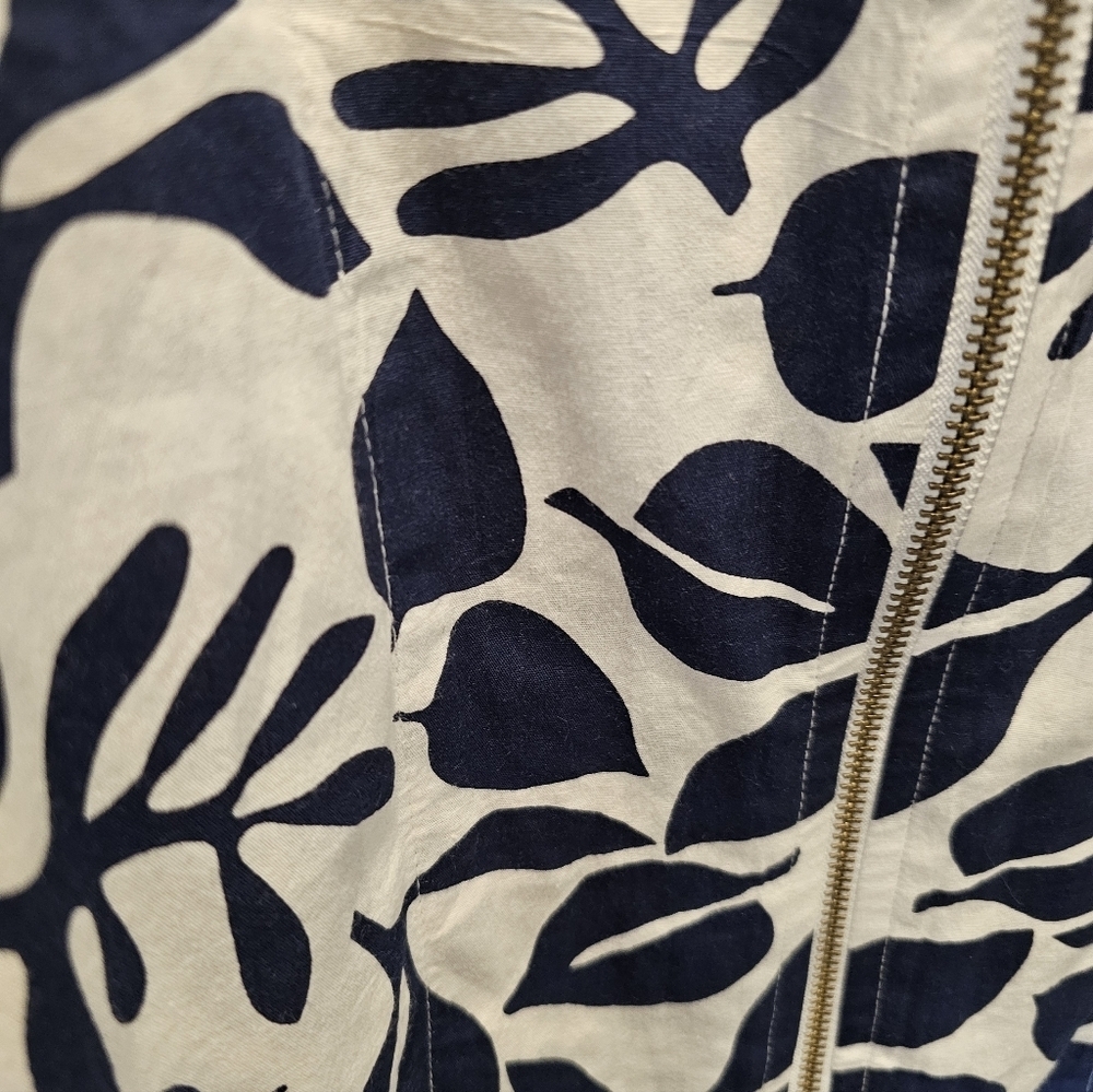 KikiSol Navy Leaf Print Cotton Zip Front Tunic Jacket Size XL Lightweight Boho R - Picture 3 of 12